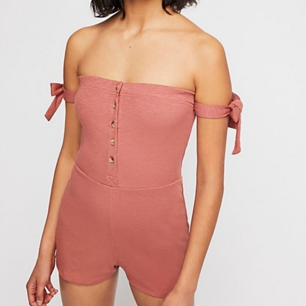 Free People Retro Inspired Tie Sleeves Soft Ribbed Romper